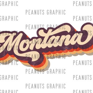 Pu&ograve; includere: Grafica di stile retr&ograve; della parola "Montana" in un arcobaleno di colori, con un aspetto vintage e sbiadito.