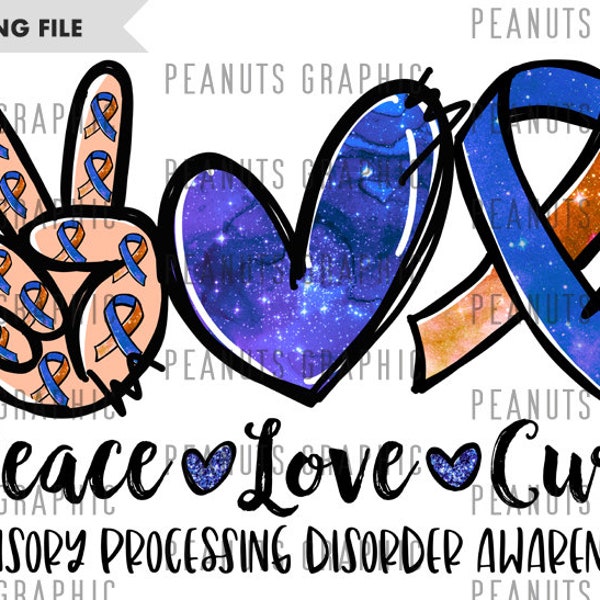 Peace love Cure PNG, Sublimation Design, Sensory Processing Disorder Awareness Png, Digital Download, templates, Print