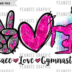May include: Peace, love, and gymnastics design with a peace sign, a heart, and a gymnast in a handstand. The design is pink and silver with glitter accents.