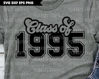May include: A gray t-shirt with black text that reads "Class of 1995". The text is in a stylized font, with the "Class of" in a script font and the "1995" in a bold, blocky font.