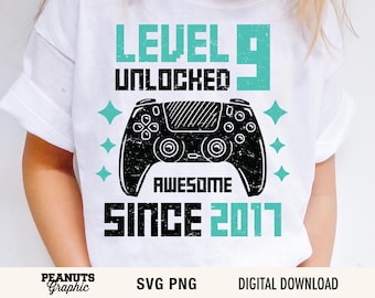 SVG de Nivel 9 Desbloqueado, 9º Cumpleaños, 9 Años, SVG para Camiseta de Jugador, archivos para Cricut, archivo de corte, Silhouette Cameo, corte, descarga digital