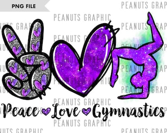 Peace Love Gymnastics PNG, Sublimation Design, Purple, Digital Download, Clipart, templates, PNG file for shirt