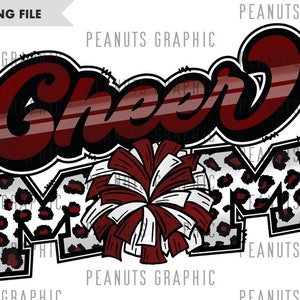 Cheer Mom PNG, Cheerleading Mom, Sublimation Design, Leopard Leather Dark Red Maroon, Burgundy, White, Digital Download