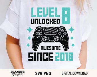 SVG de nivel 8 desbloqueado, 8.º cumpleaños, 8 años, SVG para camiseta de gamer, archivos para Cricut, archivo de corte, Silhouette Cameo, corte, descarga digital
