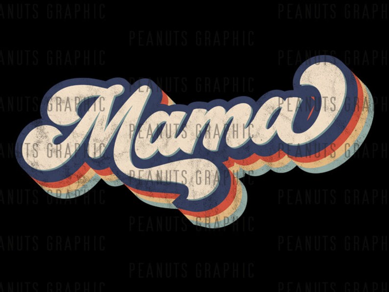 Puede incluir: Dise&ntilde;o gr&aacute;fico de estilo retro con la palabra "Mama" en una fuente colorida y en capas. El texto est&aacute; en un esquema de color azul, blanco, rojo y amarillo con un aspecto vintage y desgastado.