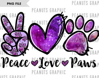 Peace love Paws PNG, Sublimation Design, Paw Print, Purple, Digital Download, Shirt, Clipart, templates