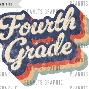 Op de afbeelding: Retro-grafisch ontwerp met de tekst "Fourth Grade" in een kleurenschema van blauw, wit en rood. De tekst is gestyled met een golvend, gelaagd effect.