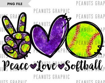 Peace Love Softball PNG, Sublimation Design, Purple, Digital Download, Clipart, templates, Print