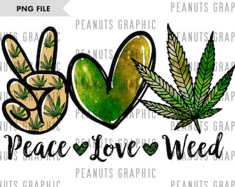 Diseño PNG de sublimación "Paz, Amor y Marihuana", imágenes prediseñadas, plantillas, impresión, descarga digital.