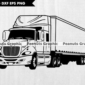Puede incluir: Ilustración en blanco y negro de un camión de plataforma con un remolque. El camión tiene una cabina grande y un remolque largo. El camión está mirando hacia adelante y el remolque está vacío.