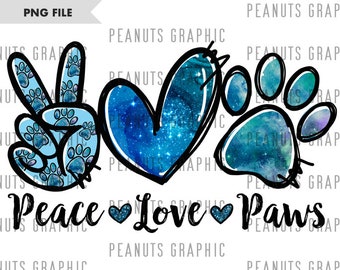 Peace love Paws PNG, Sublimation Design, Paw Print, Blue, Digital Download, Shirt, Clipart, templates
