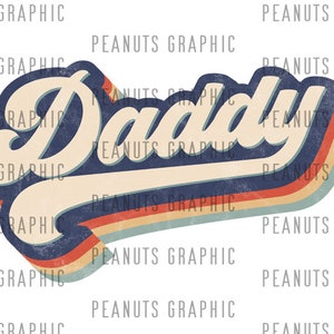 May include: Retro-style graphic design with the word "Daddy" in a blue, white, and orange color scheme. The text is stylized with a vintage font and a curved design.