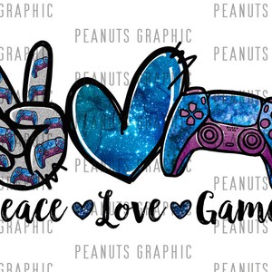 Peace Love Gamer PNG, Gaming Sublimation Design, Video Game Controller, Blue, Digital Download, Clipart, templates, Print