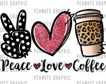 Peace Love Coffee PNG, Design a sublimazione, Leopardo, Giallo, Download digitale, Clipart, modelli, Stampa