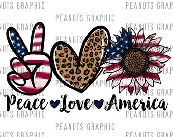 Peace Love America PNG, Patriotyczny nadruk ze słonecznikiem i lampartem (pobranie cyfrowe)
