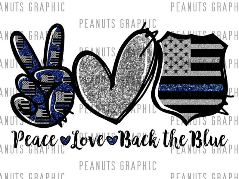Puede incluir: Gr&aacute;fico de paz, amor y apoyo a la polic&iacute;a con un signo de paz, un coraz&oacute;n y una placa de polic&iacute;a. El gr&aacute;fico est&aacute; en blanco y negro con acentos azules y brillo.