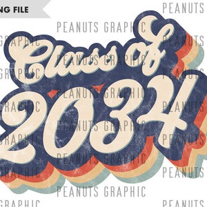 May include: Retro-style graduation design with the text "Class of 2034" in a blue, white, and red color scheme. The text is in a bold, stylized font with a vintage feel.