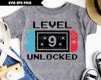 Nivel 9 Cumpleaños desbloqueado SVG, 9o cumpleaños, Camisa de jugador de 9 años Niños svg, archivos para Cricut, Archivo de corte, Descarga digital de sublimación