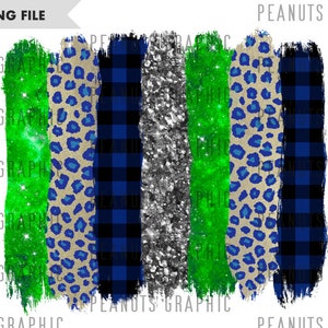 May include: Five digital brush stroke patterns in green, blue, gold, silver, and blue. The patterns include a green galaxy, blue leopard print, blue and black plaid, silver glitter, and a green galaxy.