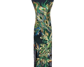 130CM Green Sequin Peacock Phoenix Feather Lace Fabric Black Mesh Embroidered Gown Appliques Sew Patch For Wedding Decoration