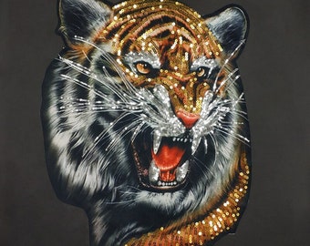 1 Piece Large Sequins Tiger Head Embroidered Patch Rock Punk Style For Clothing Accessories Applique Sew On DIY Supplies