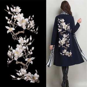 Magnolia Flower Embroidery Large Applique Patch Lace Fabric Sew On Cloth Dress Decoration Stick Accessory Beige Lace Fabric