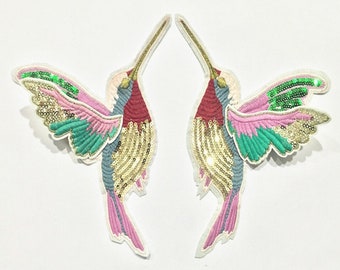1 Pair Exquisite Sequin Embroidered Hummingbird Patches for Clothing Sew on Clothes Stripes Badge Appliques Stickers Motif