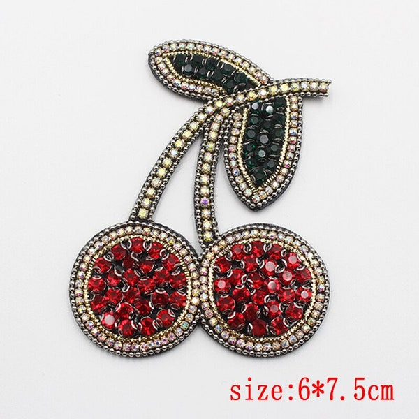 Luxury red fruit cherry delicate pattern diamond chain nail bead cloth rhinestone beaded patch clothing decoration accessories