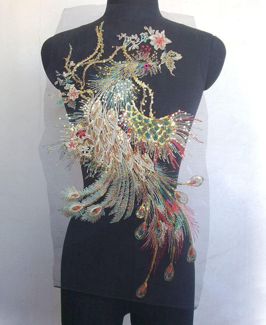 2856cm Large Phoenix Embroidery and Paillette Patch Applique on Black