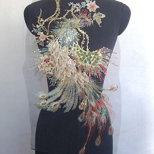 28 * 56cm grande broderie phénix et applique patch paillette sur tissu maillé noir comme matière première pour la fabrication de vêtements classiques