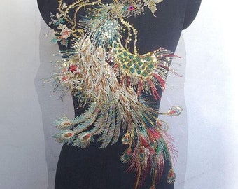 28*56cm large phoenix embroidery and paillette patch applique on black mesh fabric as raw material for classic clothes making