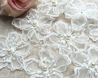 50Pcs/Lot White organza embroidery fabric lace patch trim clothes 3D Beading flower wedding dress diy applique M051