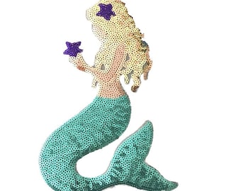 1Piece 20x13cm Mermaid Sequined Iron on Patches for Clothes Bags DIY Sewing Large Sea-maid Sequins Applique Patch