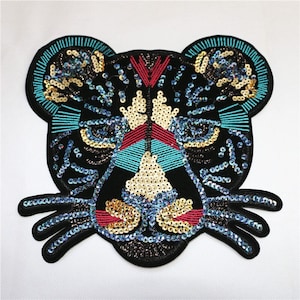 Leopard Head Cloth Patch Large Bead Applique Bordado coser-en camiseta coser aplicaciones parche reparación pegatina