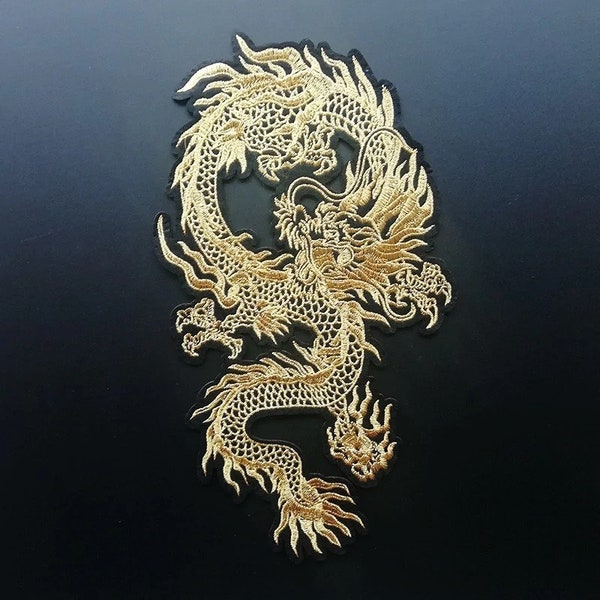 Remise/Patch de broderie Dragon chinois doré/coudre sur des vêtements/Applique pour bricolage/Patch d'accessoires pour vêtements