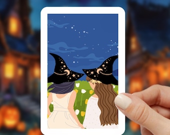 Pegatina de dos brujas por la noche, pegatina para portátil, calcomanía para botella de agua, regalo de Halloween para amigos, truco o trato, pegatina de bruja, regalo de canasta de abucheos