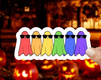Pegatina de fantasmas de arcoíris, pegatina para portátil, calcomanía para botella de agua, regalo de orgullo, ropa LGBT, Halloween, truco o trato, otoño, pegatina espeluznante