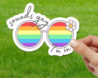 Sounds Gay I'm In, pegatina de vinilo de gafas de sol retro, mes del orgullo, bandera lesbiana, calcomanía de inclusión, mercancía de igualdad, calcomanía de arco iris