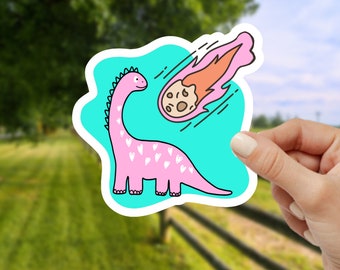 Pegatina de dinosaurio y asteroide, pegatina de ciencia, calcomanía de dinosaurio, pegatina de estegosaurio, pegatina de nerd, pegatina de meteorito, regalo de meteorito, regalo de t rex,