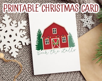 Deck the Stalls Tarjeta de Navidad imprimible, descarga digital, tarjeta de Navidad para niños, regalo para amantes de los caballos, granero, invitación a fiestas navideñas
