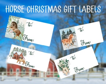 Acuarela Etiqueta de regalo de Navidad de caballo, Pegatinas de regalo para amantes de los caballos, Etiquetas de regalo para Navidad, etiqueta de pegatina de navidad, regalo ecuestre