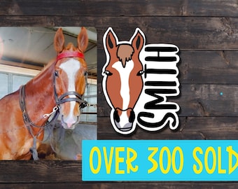 Pegatina de cabeza de caballo personalizada con nombre, pegatina impermeable para botella de agua de computadora portátil vsco, regalo para jinetes de caballos, pegatina de foto