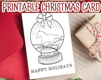 Imprimible Horse Snow Globe Christmas Card, Tarjeta de página de libro para colorear, Tarjeta de Navidad para niños, Actividad navideña para niños, amante de los caballos