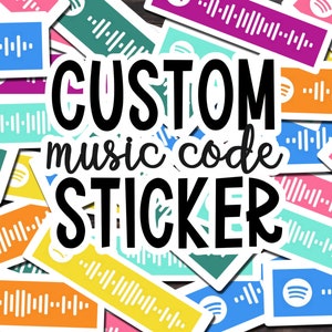 May include: A collection of colorful stickers featuring music code designs. The stickers are in various colors, including blue, pink, orange, and yellow. The text "CUSTOM music code STICKER" is prominently displayed in black and white.