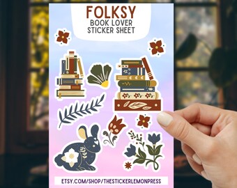 Folksy Book Lover Sticker Sheet, Regalo para lectores, Libro nerd presente, personas a las que les gusta leer, narración de cuentos, hoja de pegatinas troqueladas de vinilo,