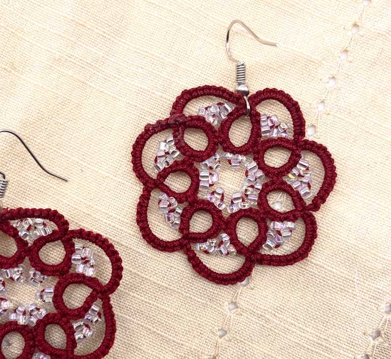 Burgundy Statement Lightweight jewelry Handmade contemporary accessories Tatted lace earrings Maroon Tatting Jewelry