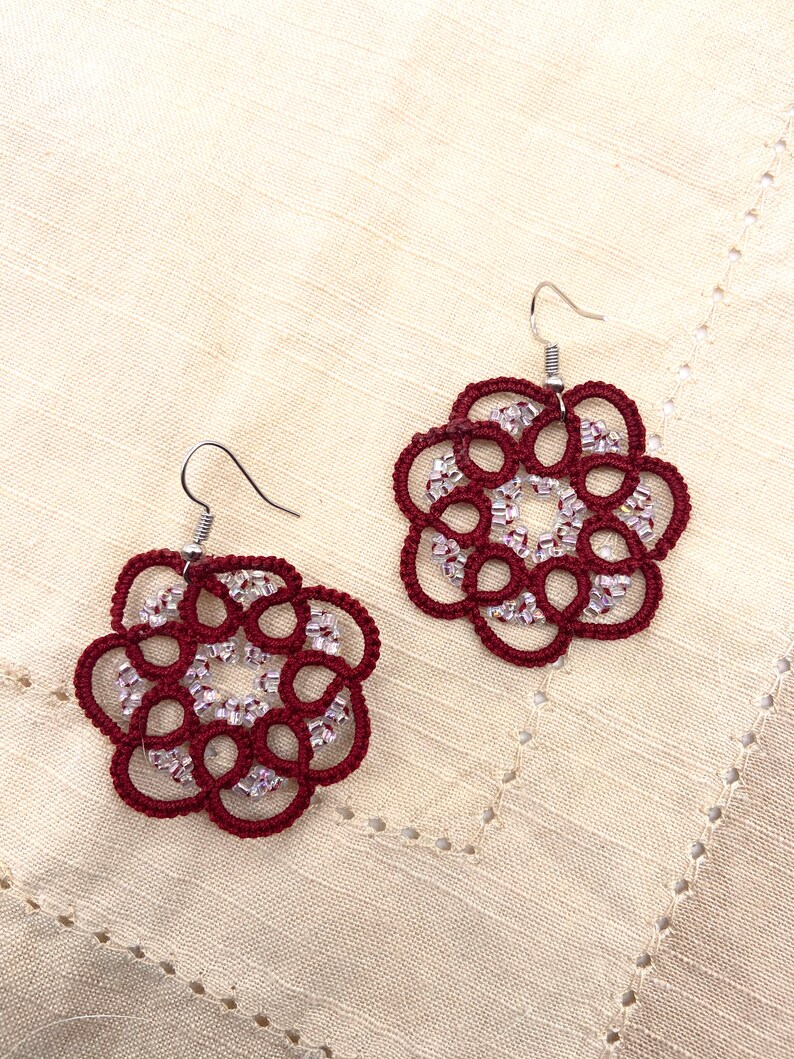 Burgundy Statement Lightweight jewelry Handmade contemporary accessories Tatted lace earrings Maroon Tatting Jewelry