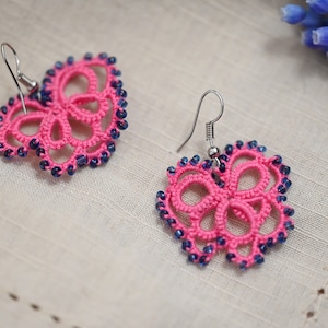 Tatted lace earrings | Tatting Jewelry | Handmade | quirky lightweight jewelry | contemporary accessories | Pink
