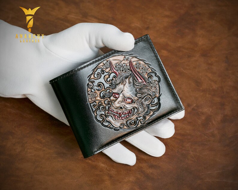 Present Hand-Painted Handmade Hand-Tooled Men/'s Wallet Custom Wallet Personalized Wallet Hannya Wallet Hand-Carved Gift