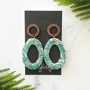 leaf earrings dangle, cut out earrings, tropical earrings, vacation jewelry, birthday gift ideas for her, clay earrings handmade floral